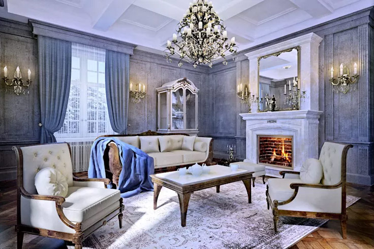 Đây chính là 1 thiết kế phòng khách điển hình theo phong cách hoàng gia châu Âu: nội thất da sang trọng, phụ kiện trang trí cầu kì, tinh xảo. Vì vậy, chiếc gương lớn trên lò sưởi cũng trở thành 1 mảnh ghép hoàn hảo, giúp tăng thêm vẻ kiêu kì cho thiết kế này.