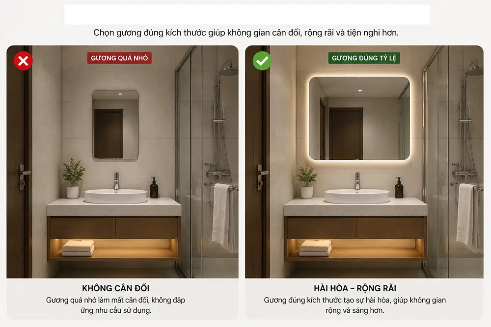 Chọn đúng tỷ lệ gương giúp nhà vệ sinh cân đối và rộng thoáng hơn