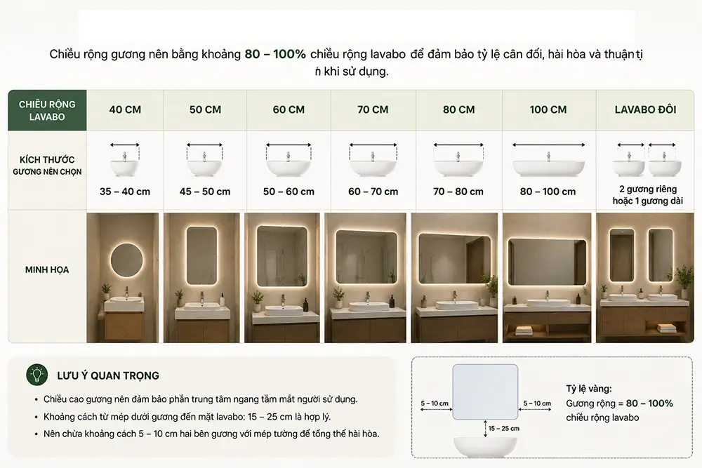 Chiều rộng gương nên bằng khoảng 80–100% chiều rộng lavabo để tạo tỷ lệ hài hòa.