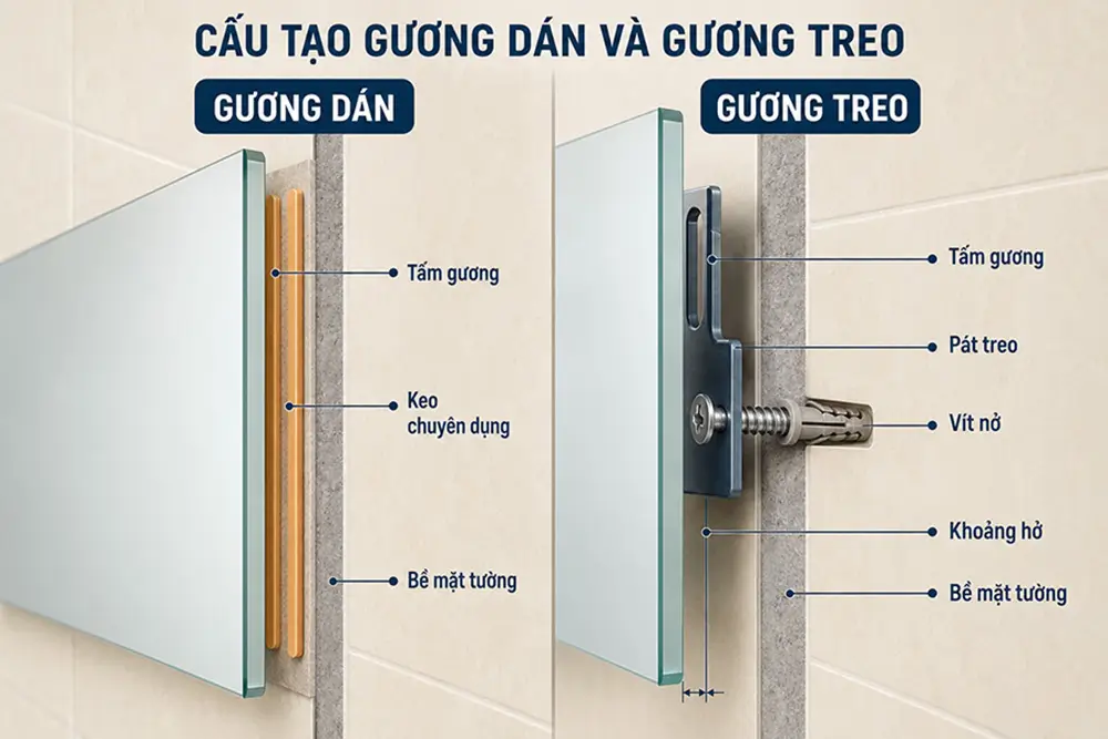 Phân biệt gương dán hay gương treo qua cấu tạo lắp đặt