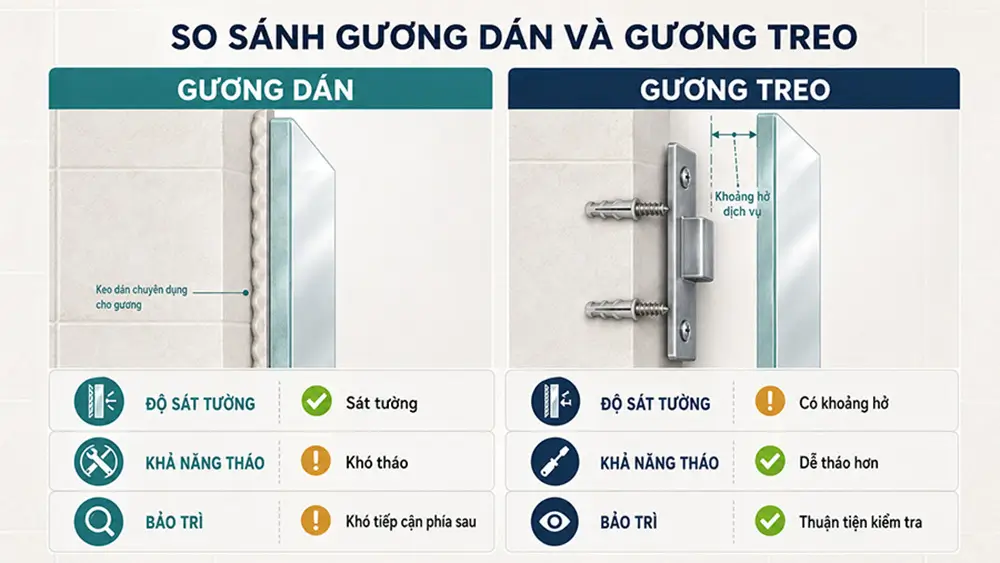 So sánh gương nhà tắm nên dán hay treo theo nhu cầu sử dụng