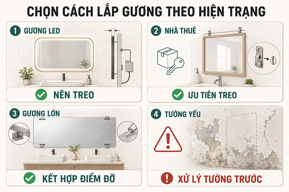 Chọn gương nhà tắm nên dán hay treo theo từng hiện trạng