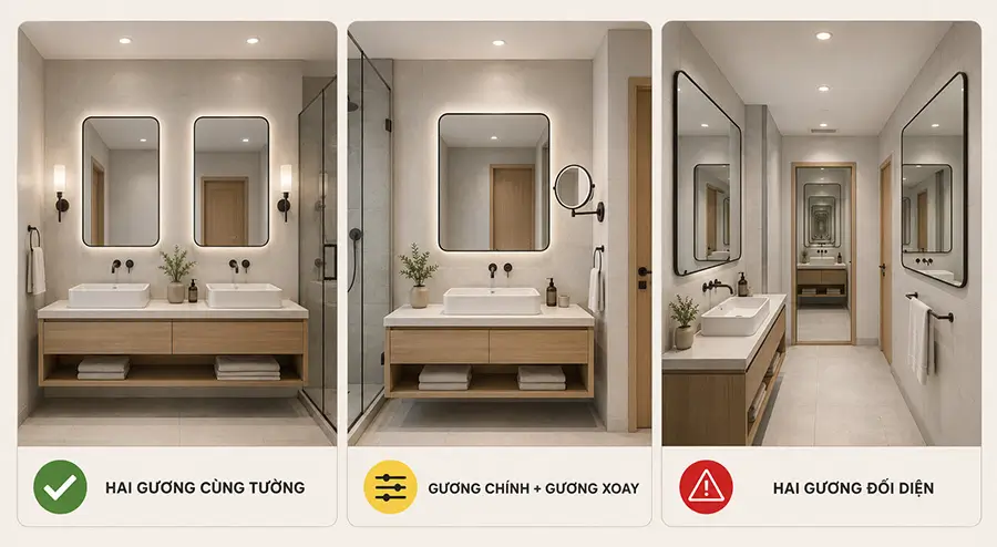 Bố trí hai gương đối diện nhau trong nhà tắm hợp lý