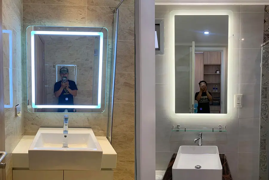 Các mẫu gương đèn LED với viền sáng phía trước, sau mặt gương